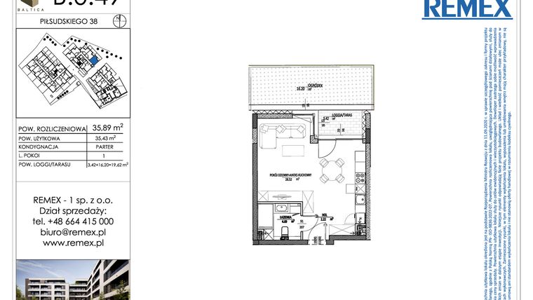 Rzut - Mieszkanie na sprzedaż 1 pokój o powierzchni 35,89 m² - numer B.0.49 w Osiedle BALTICA