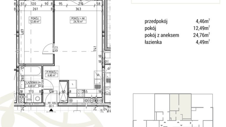 Rzut - Mieszkanie na sprzedaż 2 pokoje o powierzchni 46,2 m² - numer A1.03.24 w Zakątek Flora