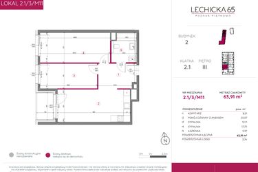 Rzut - Mieszkanie na sprzedaż 3 pokoje o powierzchni 63,91 m² - numer 2.1/3/M11 w Lechicka 65