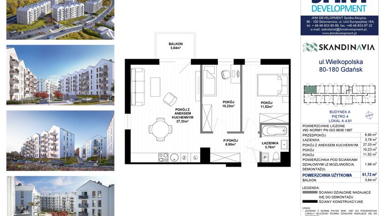 Rzut - Mieszkanie na sprzedaż 3 pokoje o powierzchni 61,72 m² - numer A.4.61 w Skandinavia