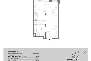 Rzut - Mieszkanie na sprzedaż 1 pokój o powierzchni 31,64 m² - numer A1.3.26 w ATAL Grabiszyn