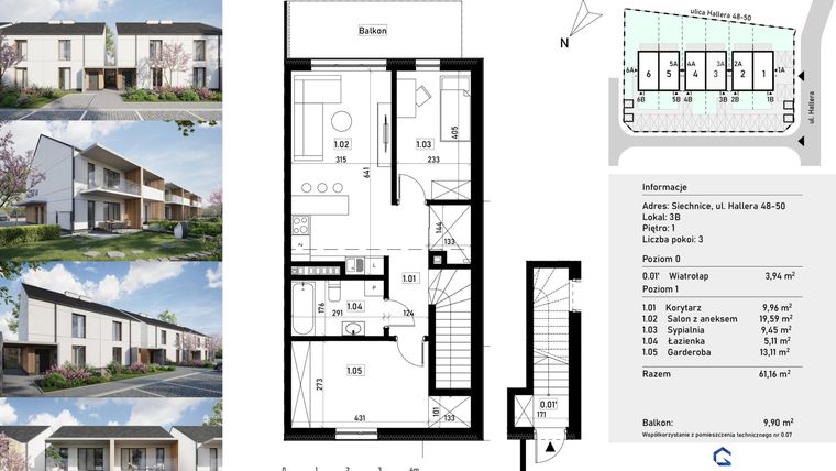 Rzut - Mieszkanie na sprzedaż 3 pokoje o powierzchni 61,16 m² - numer 3b w Przystań Siechnice