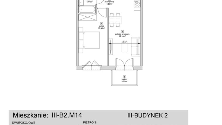 Rzut - Mieszkanie na sprzedaż 2 pokoje o powierzchni 45,07 m² - numer III-B2.M14 w Strefa Cegielnia 3