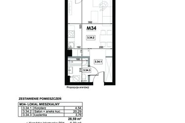 Rzut - Mieszkanie na sprzedaż 1 pokój o powierzchni 28,59 m² - numer M34 w Miejska Premium II