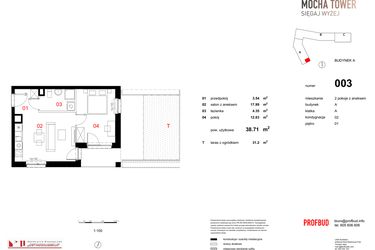 Rzut - Mieszkanie na sprzedaż 2 pokoje o powierzchni 38,73 m² - numer 003 w Osiedle Mocha Tower