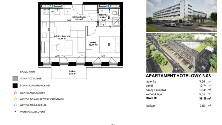 Rzut - Mieszkanie na sprzedaż 2 pokoje o powierzchni 38,55 m² - numer 3.08 w Apartamentowiec Zwycięska 3 - inwestycyjne