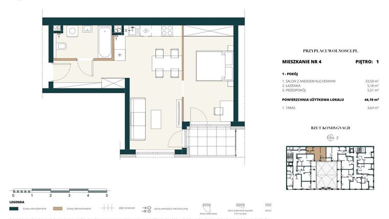 Rzut - Mieszkanie na sprzedaż 1 pokój o powierzchni 44,14 m² - numer 1. M4. w Przy Placu Wolności