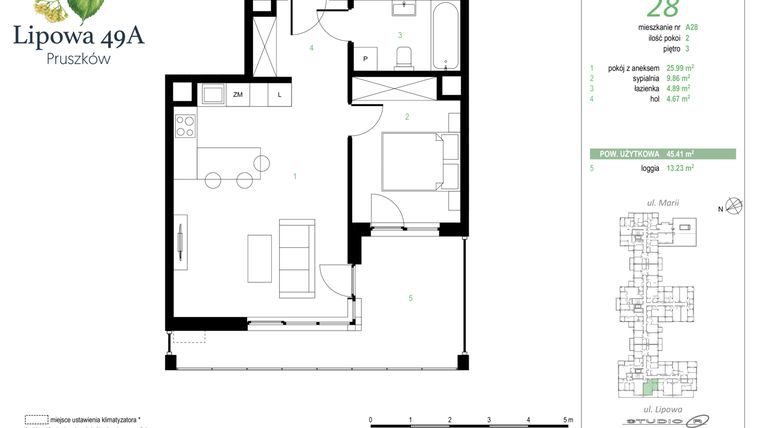 Rzut - Mieszkanie na sprzedaż 2 pokoje o powierzchni 45,41 m² - numer 28A w Lipowa 49A