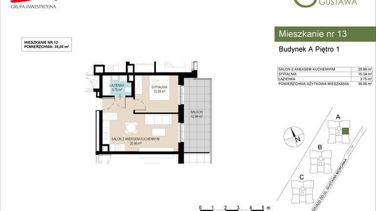 Rzut - Mieszkanie na sprzedaż 2 pokoje o powierzchni 35,05 m² - numer A13 w Wzgórze Gustawa