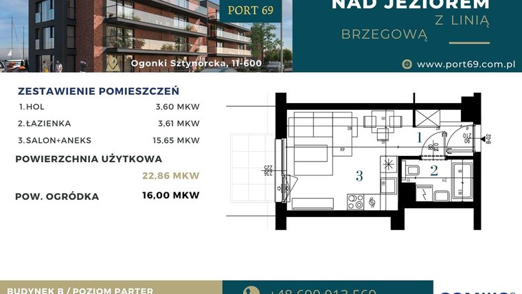 Rzut - Mieszkanie na sprzedaż 1 pokój o powierzchni 22,86 m² - numer B-02 w Port 69