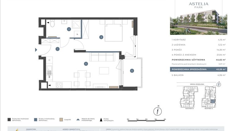 Rzut - Mieszkanie na sprzedaż 2 pokoje o powierzchni 44,62 m² - numer 3.1A.15 w Astelia Park etap 1A i 3