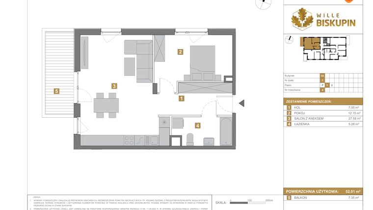 Rzut - Mieszkanie na sprzedaż 2 pokoje o powierzchni 52,01 m² - numer A.6 w Wille Biskupin