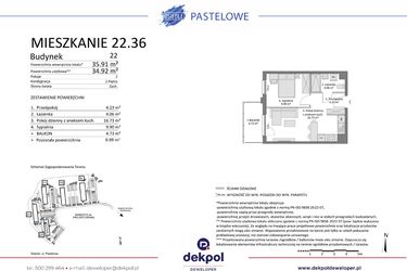 Rzut - Mieszkanie na sprzedaż 2 pokoje o powierzchni 34,92 m² - numer 22.36 w Osiedle Pastelowe etap IV