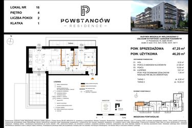 Rzut - Mieszkanie na sprzedaż 2 pokoje o powierzchni 47,25 m² - numer 16 w Powstańców Residence