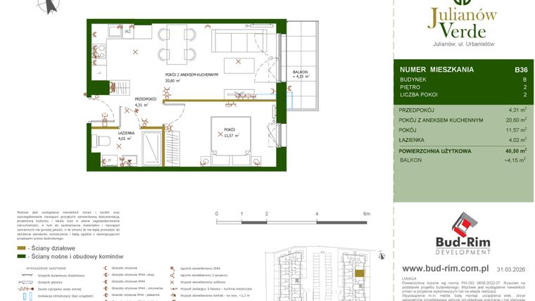 Rzut - Mieszkanie na sprzedaż 2 pokoje o powierzchni 40,5 m² - numer 36 w Julianów Verde II