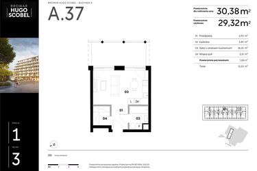 Rzut - Mieszkanie na sprzedaż 1 pokój o powierzchni 30,38 m² - numer A.37 w Browar HUGO SCOBEL