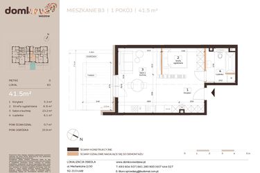 Rzut - Mieszkanie na sprzedaż 1 pokój o powierzchni 41,5 m² - numer B3 w Domkove Widzew
