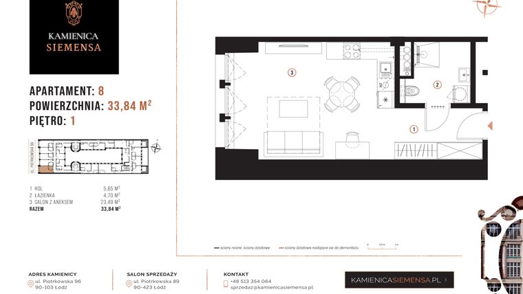 Rzut - Mieszkanie na sprzedaż 1 pokój o powierzchni 33,84 m² - numer 8 w Kamienica Siemensa