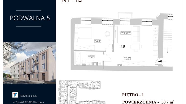 Rzut - Mieszkanie na sprzedaż 3 pokoje o powierzchni 50,7 m² - numer 4B w Podwalna 5