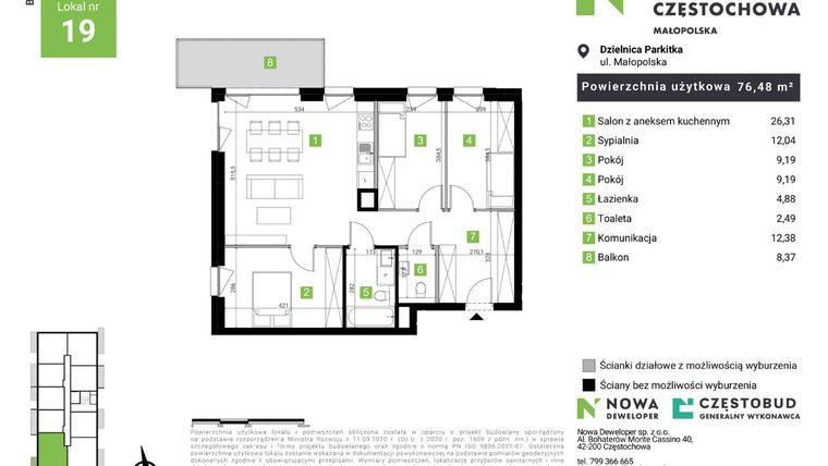 Rzut - Mieszkanie na sprzedaż 4 pokoje o powierzchni 76,48 m² - numer D19 w Nowa Częstochowa Małopolska etap II