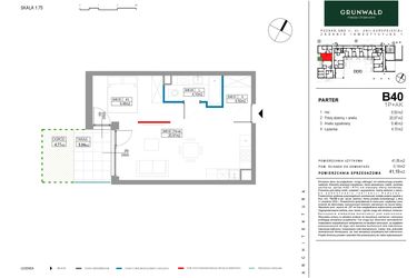 Rzut - Mieszkanie na sprzedaż 1 pokój o powierzchni 41,09 m² - numer B040 w Grunwald Między Drzewami etap II