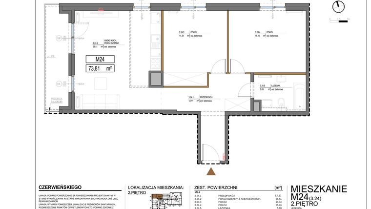 Rzut - Mieszkanie na sprzedaż 3 pokoje o powierzchni 73,9 m² - numer 3.24 w Czerwieńskiego 3