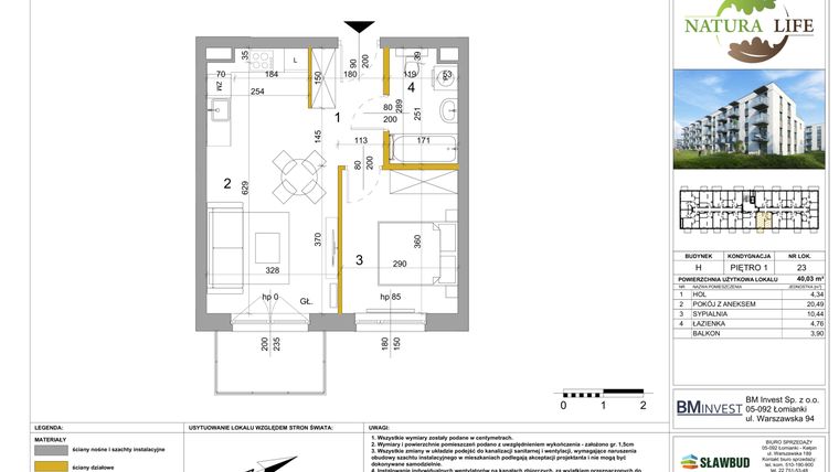 Rzut - Mieszkanie na sprzedaż 2 pokoje o powierzchni 40,02 m² - numer H.23 w Osiedle Natura Life budynki GHI