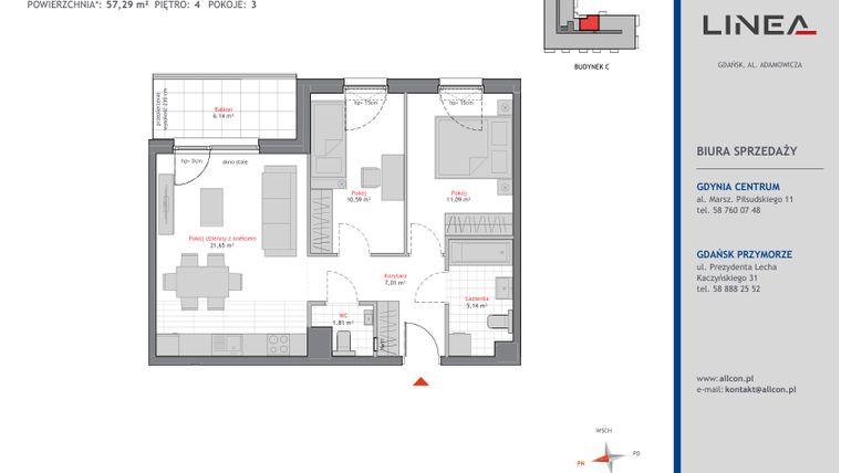 Rzut - Mieszkanie na sprzedaż 3 pokoje o powierzchni 57,27 m² - numer C.4.5 w Linea