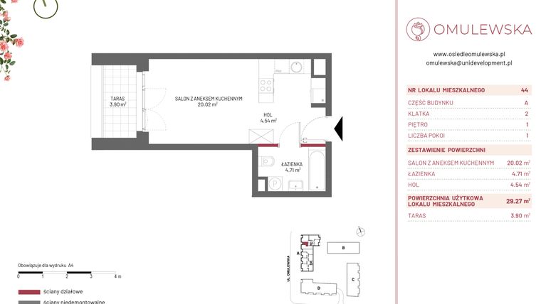 Rzut - Mieszkanie na sprzedaż 1 pokój o powierzchni 29,27 m² - numer A/44 w Omulewska