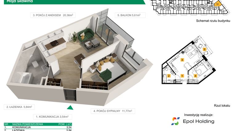 Rzut - Mieszkanie na sprzedaż 2 pokoje o powierzchni 41,51 m² - numer M12 w Moja Skawina