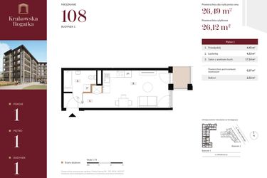 Rzut - Mieszkanie na sprzedaż 1 pokój o powierzchni 26,49 m² - numer 1.M108 w Krakowska Rogatka