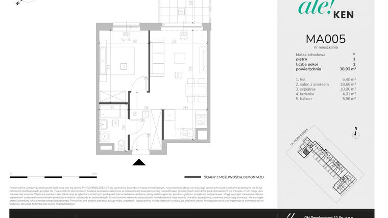 Rzut - Mieszkanie na sprzedaż 2 pokoje o powierzchni 38,93 m² - numer MA005 w Ale!Ken