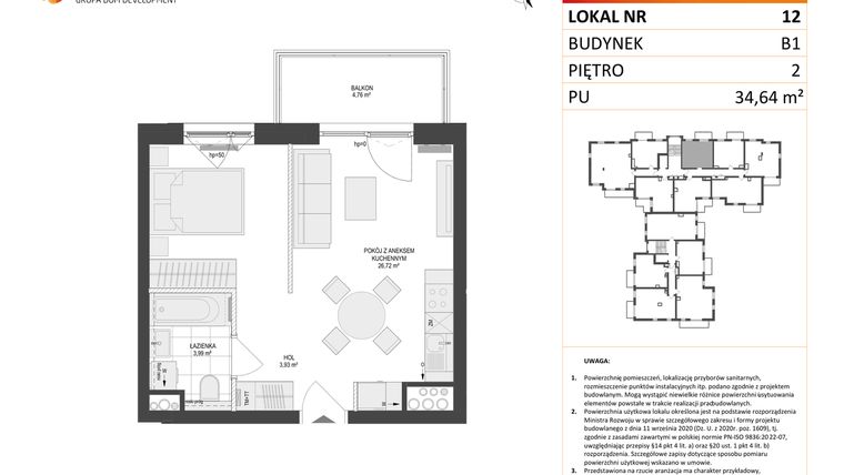 Rzut - Mieszkanie na sprzedaż 1 pokój o powierzchni 34,64 m² - numer 12 w Locus 2