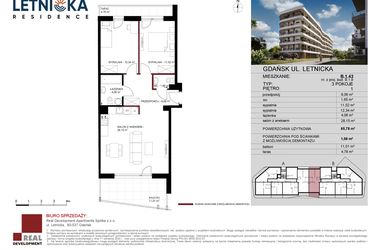 Rzut - Mieszkanie na sprzedaż 3 pokoje o powierzchni 65,78 m² - numer B.1.43 w Letnicka Residence