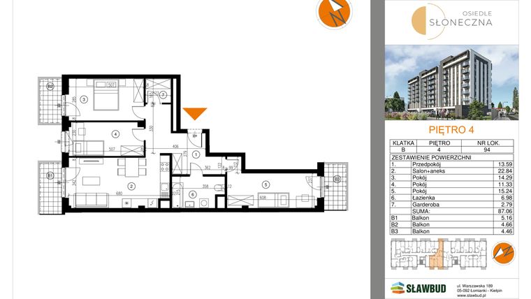 Rzut - Mieszkanie na sprzedaż 4 pokoje o powierzchni 87,06 m² - numer 94 w Osiedle Słoneczna