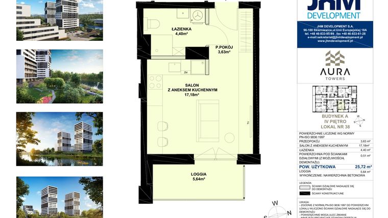 Rzut - Mieszkanie na sprzedaż 1 pokój o powierzchni 25,72 m² - numer A.4.38 w Aura Towers
