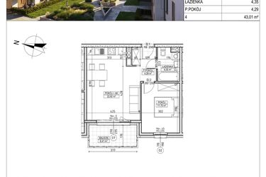 Rzut - Mieszkanie na sprzedaż 2 pokoje o powierzchni 43,01 m² - numer M.B8.01.10 w Osiedle Harmonia bud. B8