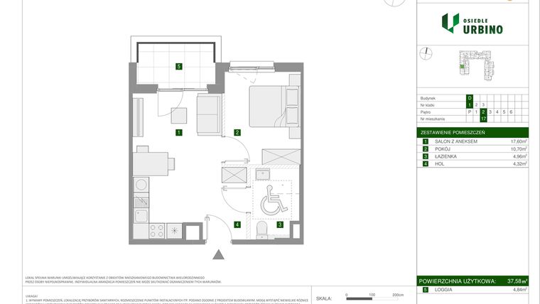 Rzut - Mieszkanie na sprzedaż 2 pokoje o powierzchni 37,58 m² - numer 17 w Osiedle Urbino etap 1.4