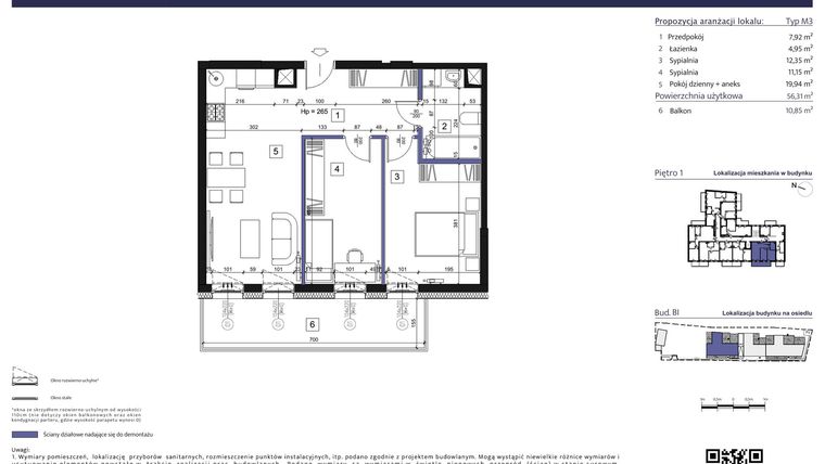 Rzut - Mieszkanie na sprzedaż 3 pokoje o powierzchni 56,09 m² - numer B1 – M1.2 w Primacasa
