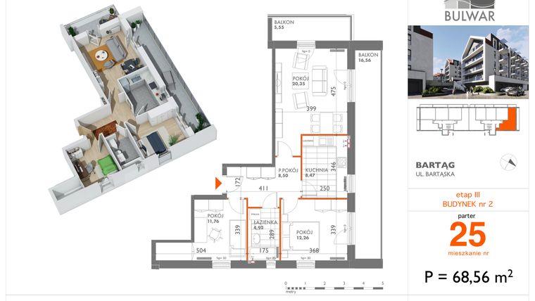 Rzut - Mieszkanie na sprzedaż 3 pokoje o powierzchni 68,56 m² - numer 25 w Bulwar bud. 2