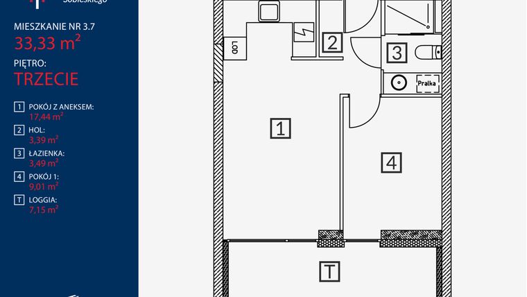 Rzut - Mieszkanie na sprzedaż 2 pokoje o powierzchni 33,33 m² - numer B2.M.3.7 w Tarasy Sobieskiego