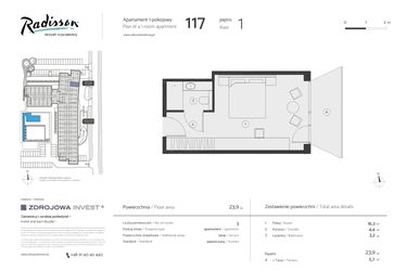Rzut - Mieszkanie na sprzedaż 1 pokój o powierzchni 23,9 m² - numer 117 w Radisson Resort, Kołobrzeg