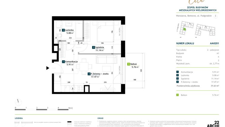 Rzut - Mieszkanie na sprzedaż 2 pokoje o powierzchni 39,6 m² - numer AA0201 w Viva Cité 2