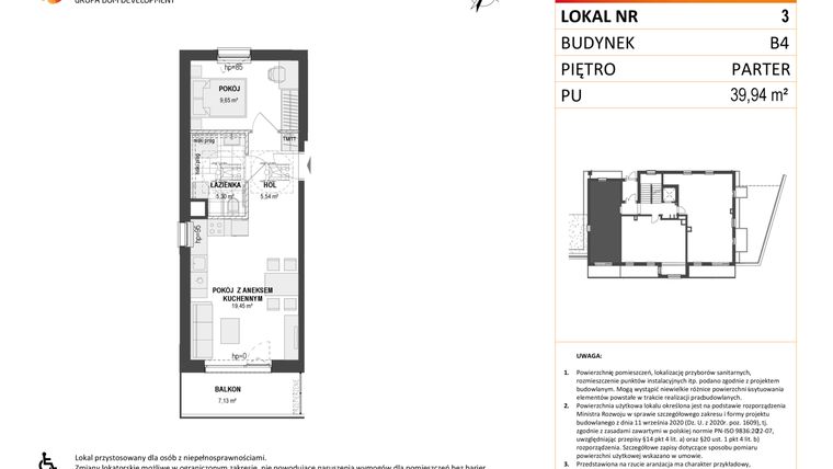 Rzut - Mieszkanie na sprzedaż 2 pokoje o powierzchni 39,94 m² - numer B4 3 w Wzgórze Markowca