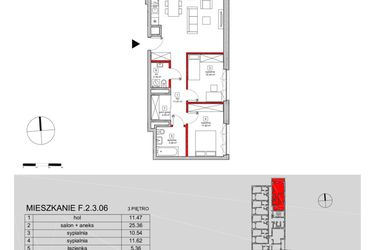 Rzut - Mieszkanie na sprzedaż 3 pokoje o powierzchni 72,47 m² - numer F.2.3.06 w ATAL SKY+ bud. D-F
