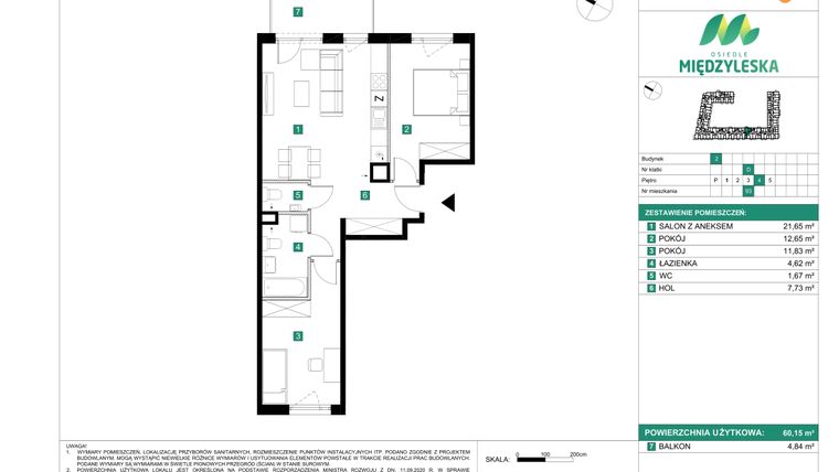 Rzut - Mieszkanie na sprzedaż 3 pokoje o powierzchni 60,15 m² - numer 93 w Osiedle Międzyleska - etap II