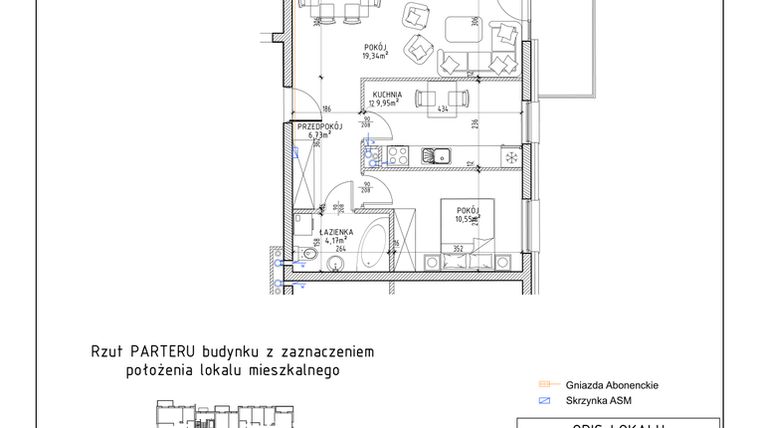 Rzut - Mieszkanie na sprzedaż 2 pokoje o powierzchni 50,74 m² - numer 38 w Osiedle Sady bud. E4
