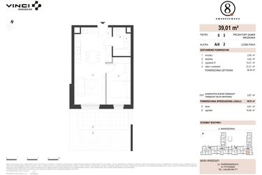 Rzut - Mieszkanie na sprzedaż 2 pokoje o powierzchni 39,01 m² - numer A/4/0.3 w Smardzewska 8