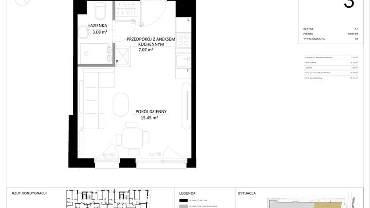 Rzut - Mieszkanie na sprzedaż 1 pokój o powierzchni 25,6 m² - numer 3 w SILO