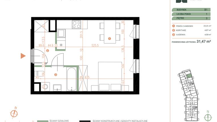 Rzut - Mieszkanie na sprzedaż 1 pokój o powierzchni 31,47 m² - numer M.03.14 w Casa Feliz Portowa II